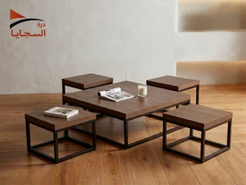 طقم طاولات أرضي مودرن 4+1 بسطح خشبي