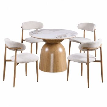 طاولة طعام سيراميك دائري 4 كرسي M-029 WHITE/WOOD